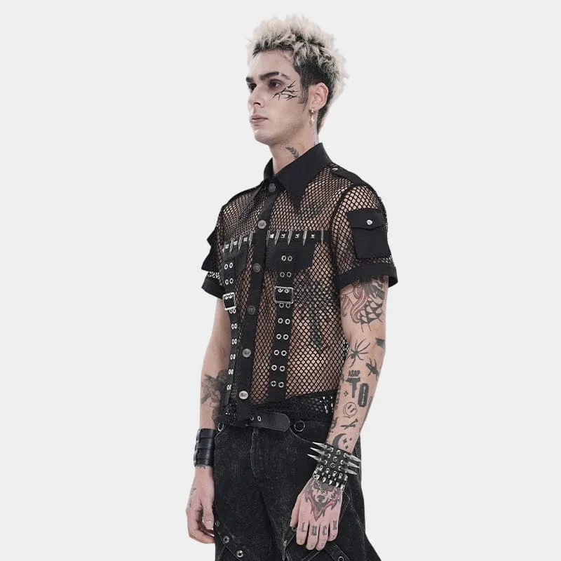 Punk-Meshhemd für Herren mit kleinen Taschen, Bullet & Rivet-Print