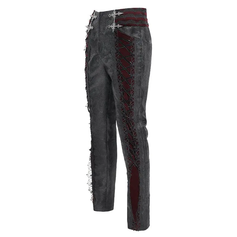 Gothic-Samthose für Herren mit Schnürung und gekreuzten Details, Schwarz-Rot