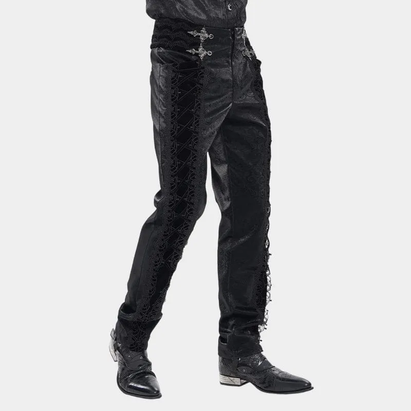 Schwarze Gothic-Samthose für Herren mit Schnürung und gekreuzten Details