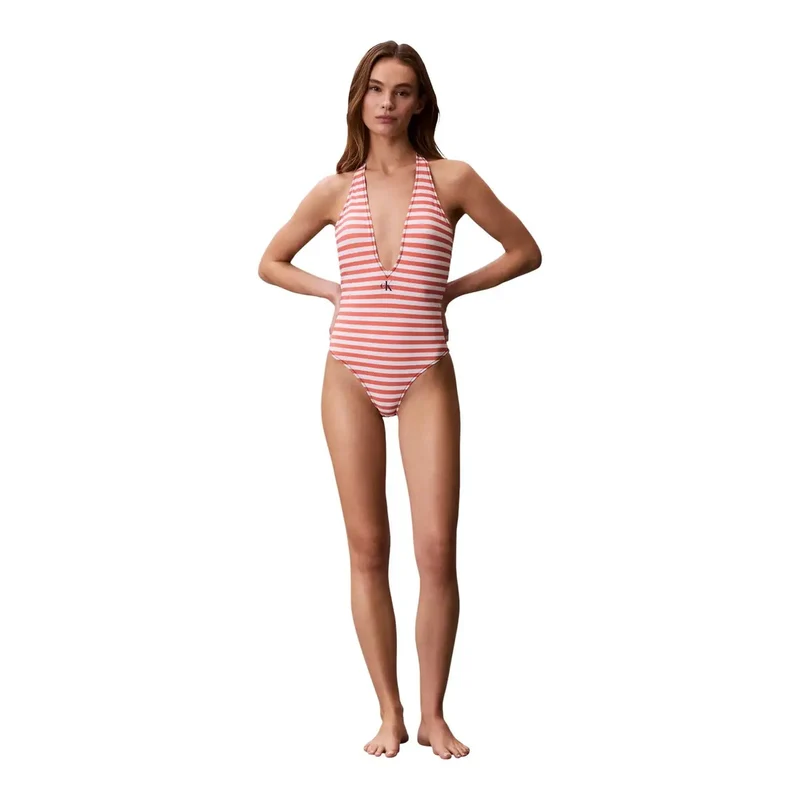 Calvin Klein Damen-Badeanzug aus Nylon, orange gestreift