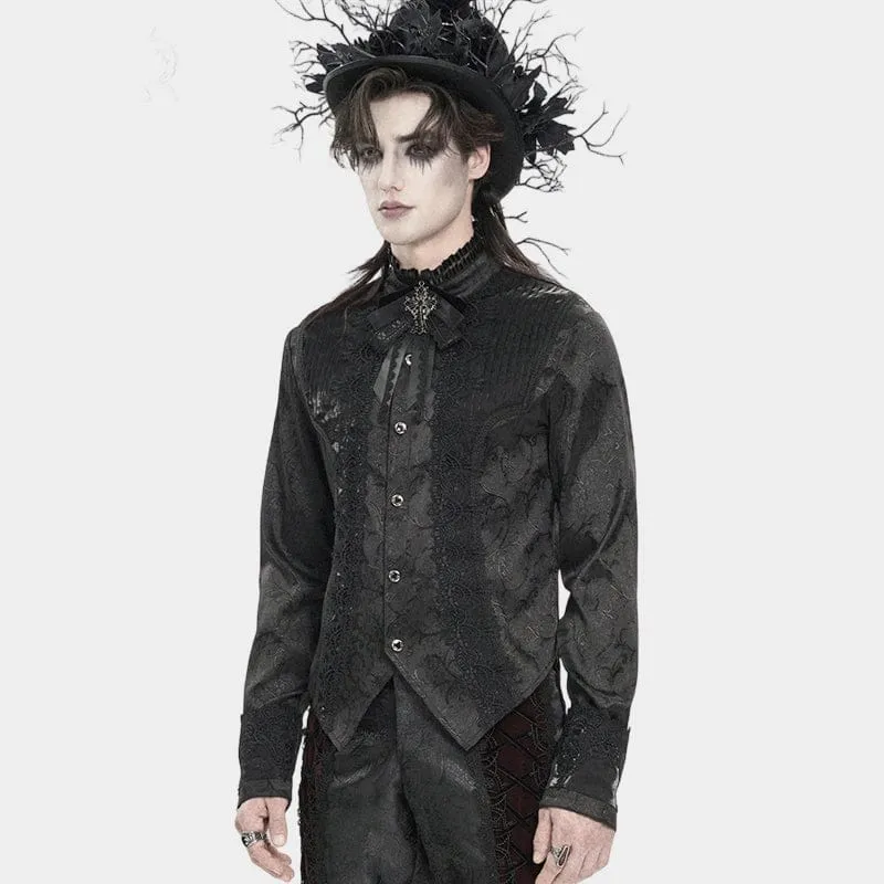 Schwarzes Herrenhemd mit Stehkragen und Gothic-Jacquard-Muster.