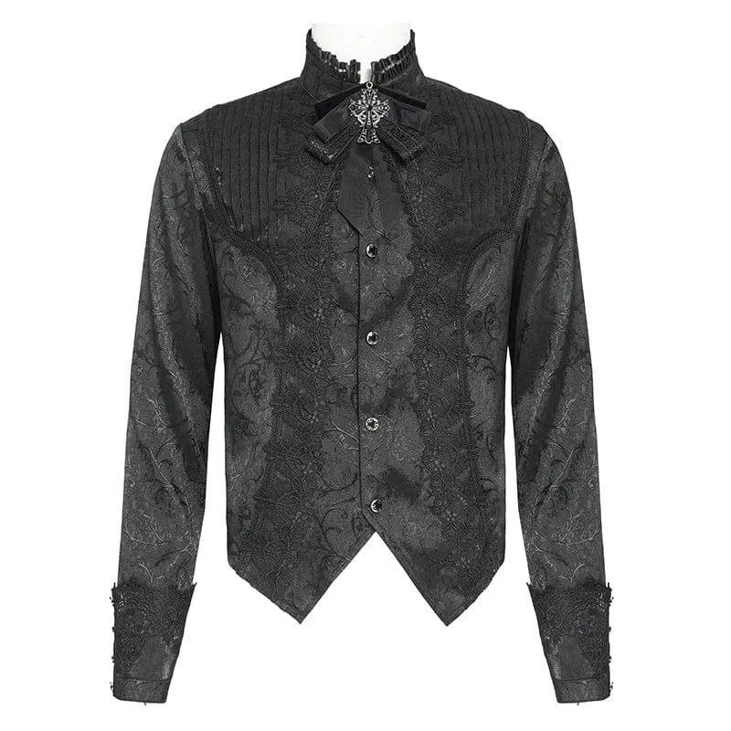 Schwarzes Herrenhemd mit Stehkragen und Gothic-Jacquard-Muster.