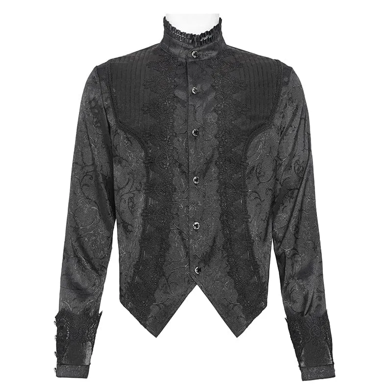 Schwarzes Herrenhemd mit Stehkragen und Gothic-Jacquard-Muster.
