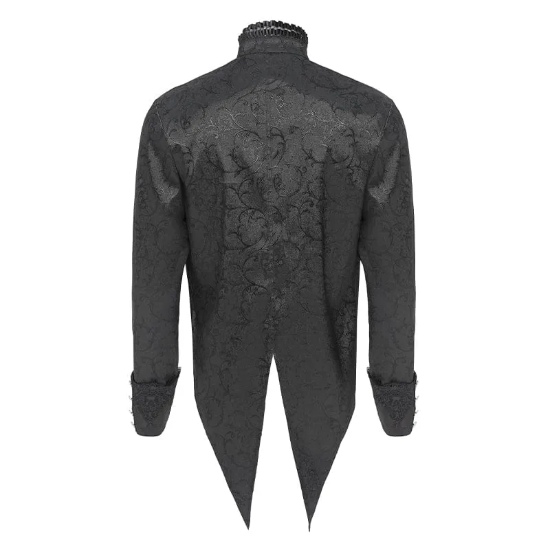 Schwarzes Herrenhemd mit Stehkragen und Gothic-Jacquard-Muster.