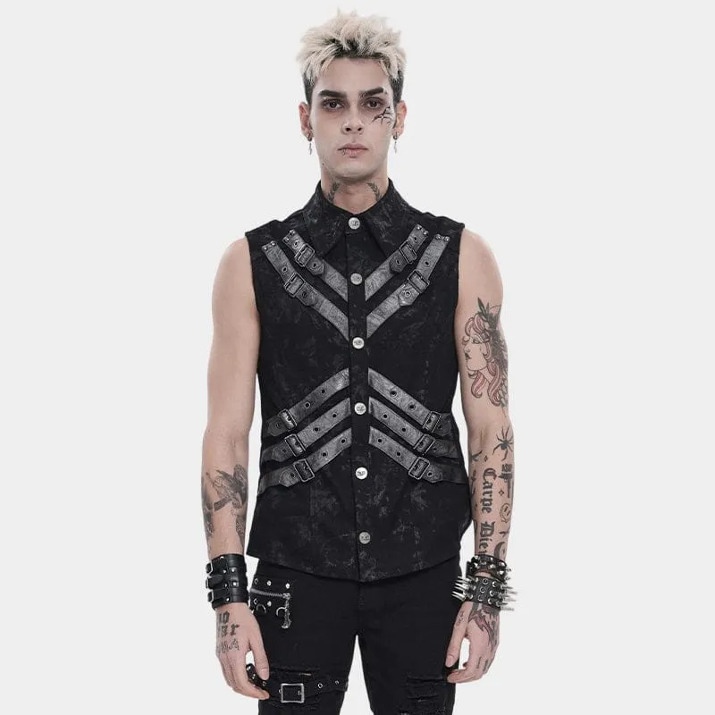 Punk-Herrenoberteil mit Lagenlook, Schnallenriemen und Umlegekragen