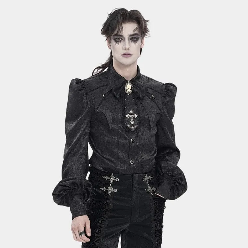 Schwarzes Gothic-Jacquard-Hemd für Herren mit Fledermausärmeln und Krawatte