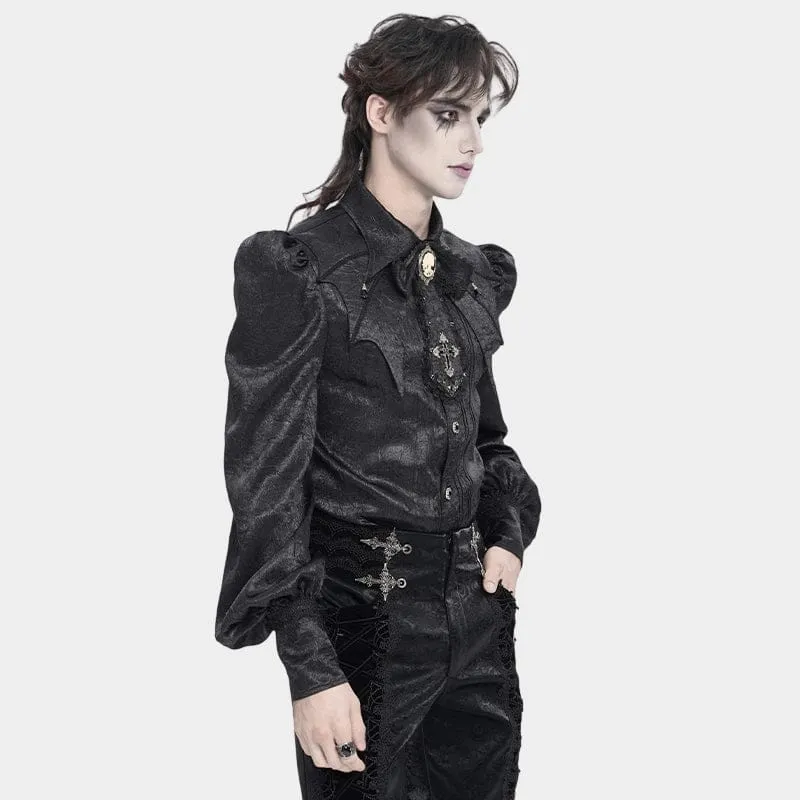 Schwarzes Gothic-Jacquard-Hemd für Herren mit Fledermausärmeln und Krawatte