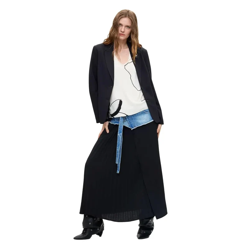 Desigual Damen Blazer Schwarz Viskosemischung Langes Revers