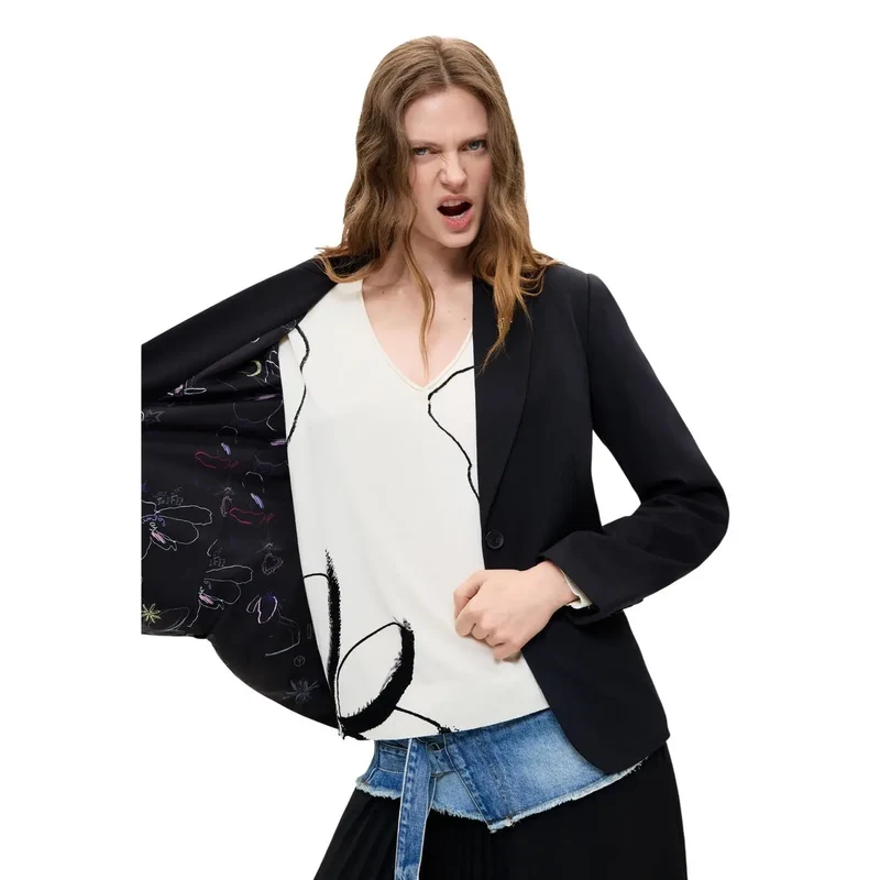 Desigual Damen Blazer Schwarz Viskosemischung Langes Revers