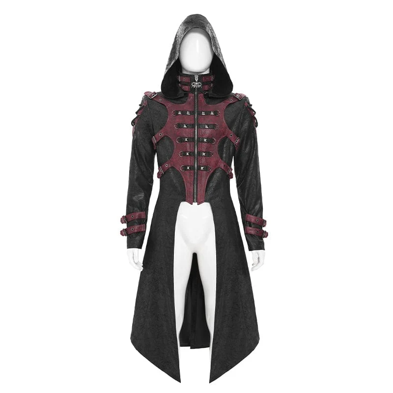 Punk-Herrenjacke mit Nietenschnalle und Kapuze, schwarz