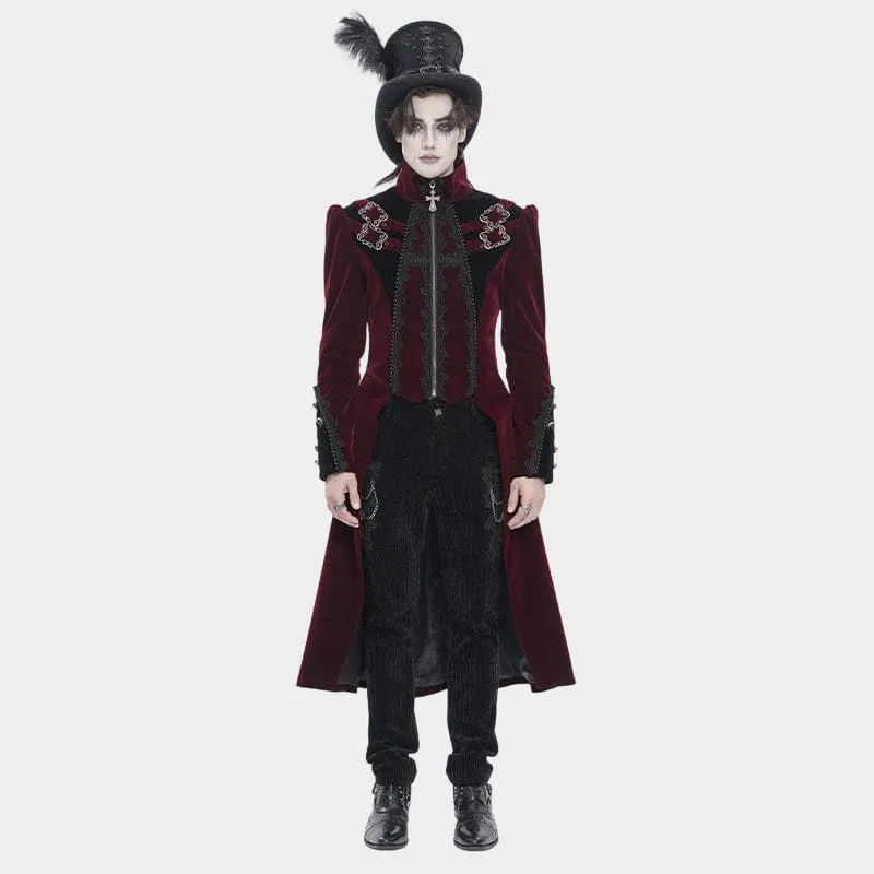 Rote Herren-Gothic-Jacke mit Perlenbesatz, Schnallenriemen und Reißverschluss