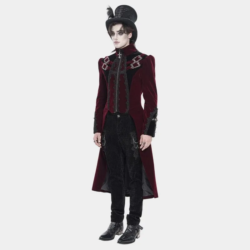 Rote Herren-Gothic-Jacke mit Perlenbesatz, Schnallenriemen und Reißverschluss