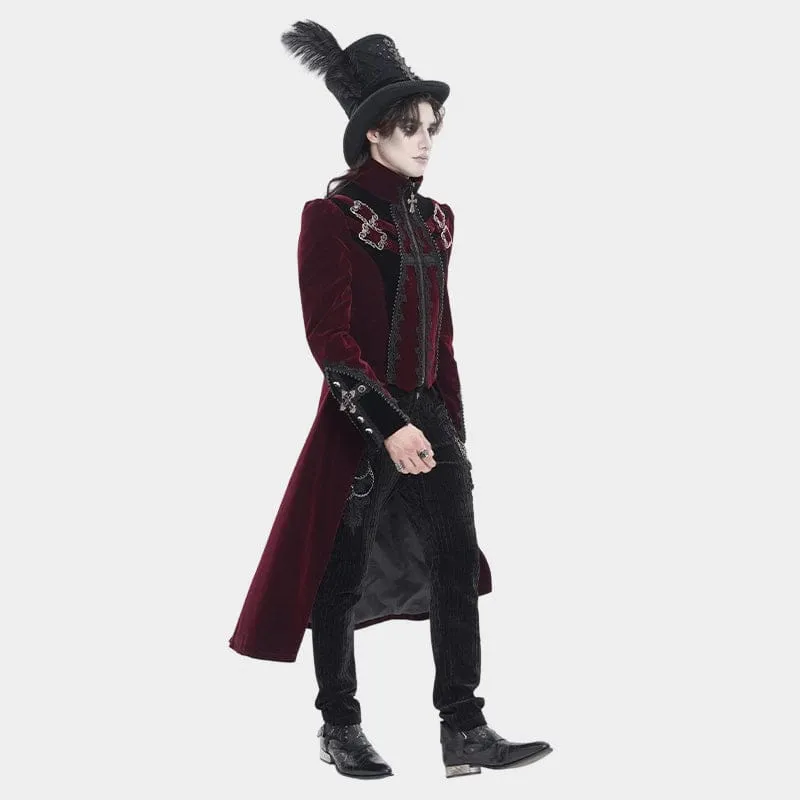Rote Herren-Gothic-Jacke mit Perlenbesatz, Schnallenriemen und Reißverschluss