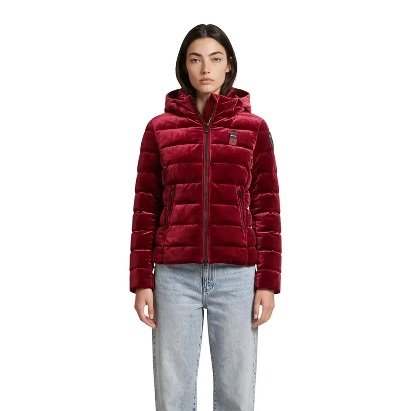 Blauer Damen-Blazerjacke aus bordeauxrotem Polyester mit Kapuze, Modell „Claimed Polyester“
