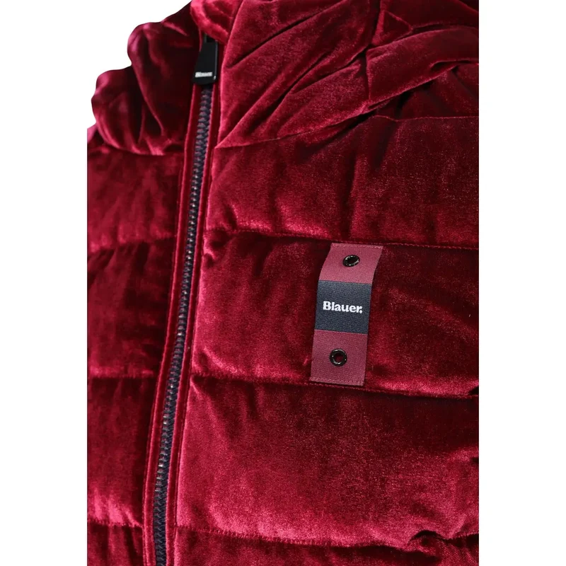 Blauer Damen-Blazerjacke aus bordeauxrotem Polyester mit Kapuze, Modell „Claimed Polyester“
