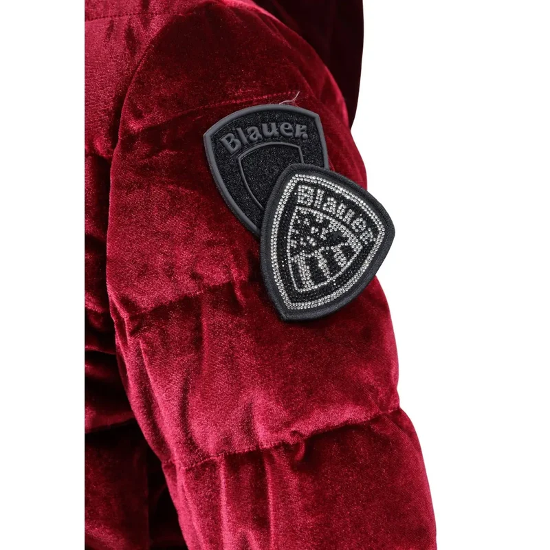 Blauer Damen-Blazerjacke aus bordeauxrotem Polyester mit Kapuze, Modell „Claimed Polyester“