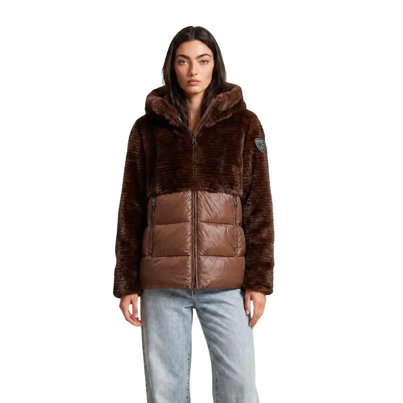 Blauer Damen brauner Nylon-Winterblazer mit Kapuze