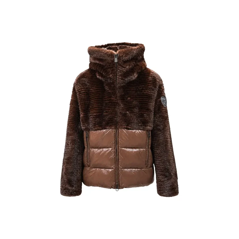 Blauer Damen brauner Nylon-Winterblazer mit Kapuze