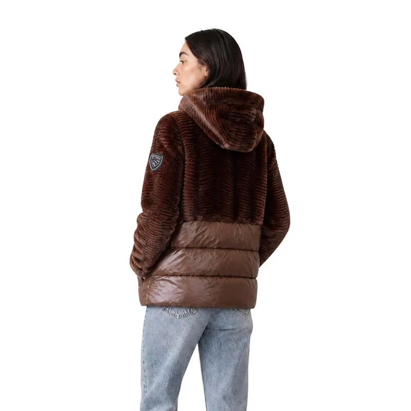 Blauer Damen brauner Nylon-Winterblazer mit Kapuze