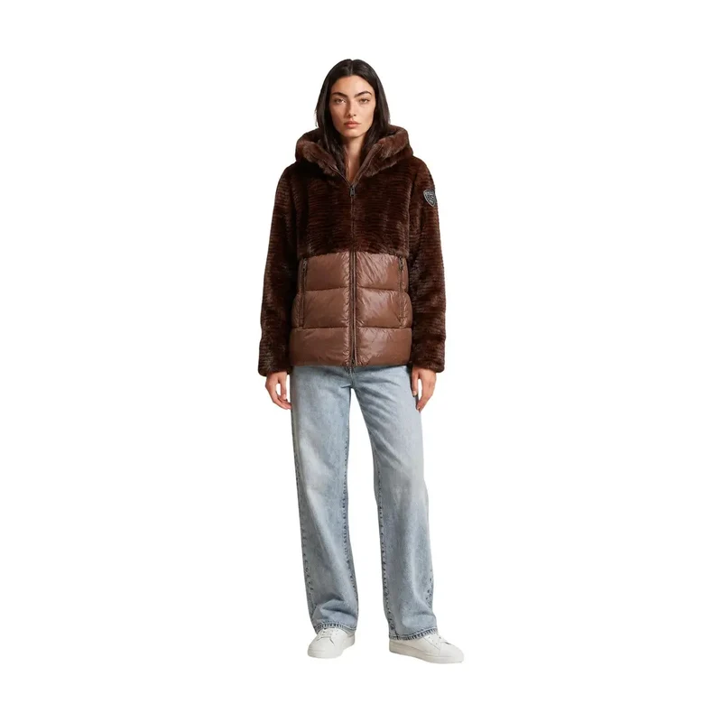 Blauer Damen brauner Nylon-Winterblazer mit Kapuze