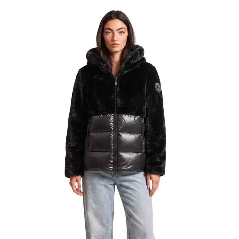 Blauer Damen brauner Nylon-Winterblazer mit Kapuze