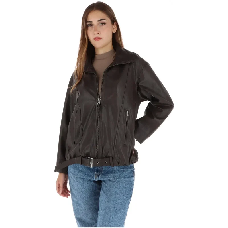 Pepe Jeans Damen Brauner Polyurethan-Blazer mit Reißverschluss
