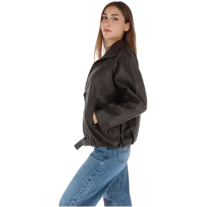 Pepe Jeans Damen Brauner Polyurethan-Blazer mit Reißverschluss