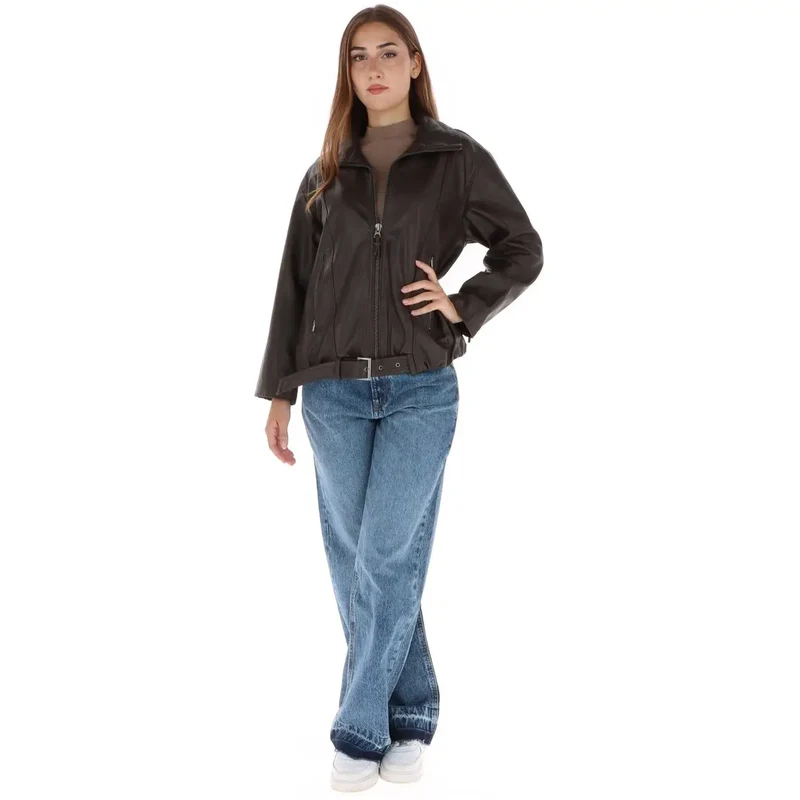 Pepe Jeans Damen Brauner Polyurethan-Blazer mit Reißverschluss