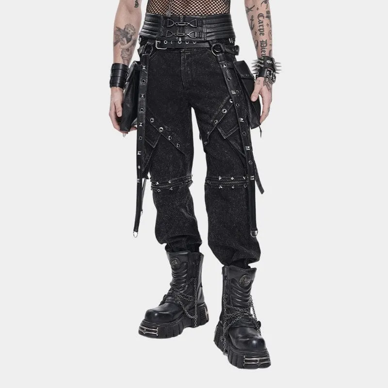 Punk-Nieten-Gürtel für Herren mit Taschen, schwarz