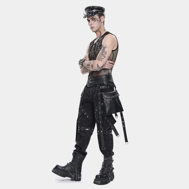Punk-Nieten-Gürtel für Herren mit Taschen, schwarz