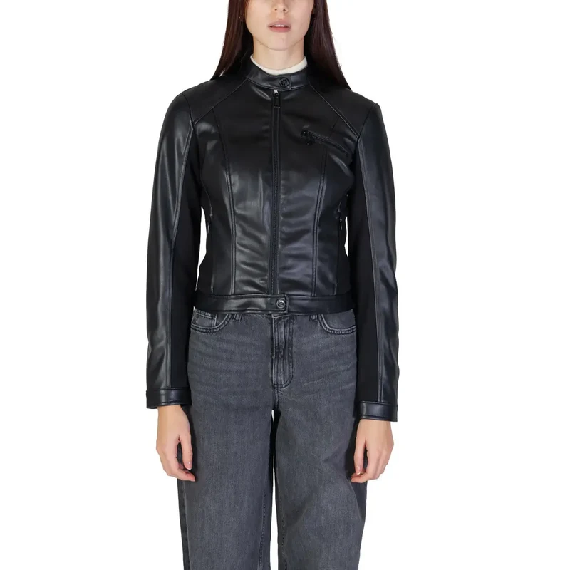Guess Damen-Polyurethan-Blazer, schwarz, langer Rollkragen