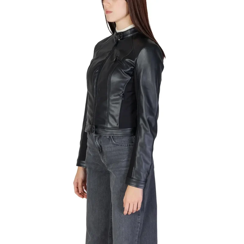 Guess Damen-Polyurethan-Blazer, schwarz, langer Rollkragen