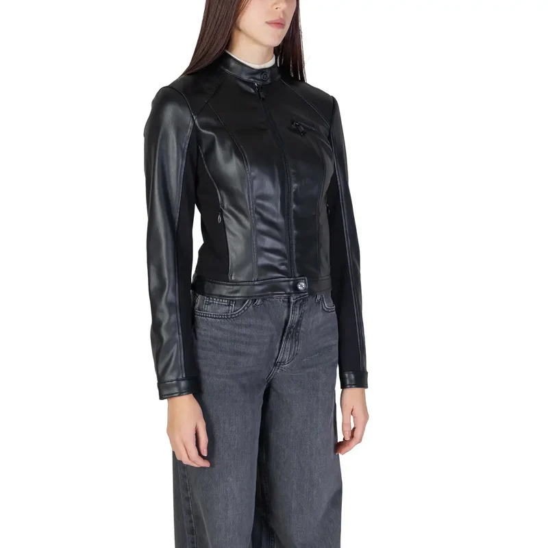 Guess Damen-Polyurethan-Blazer, schwarz, langer Rollkragen