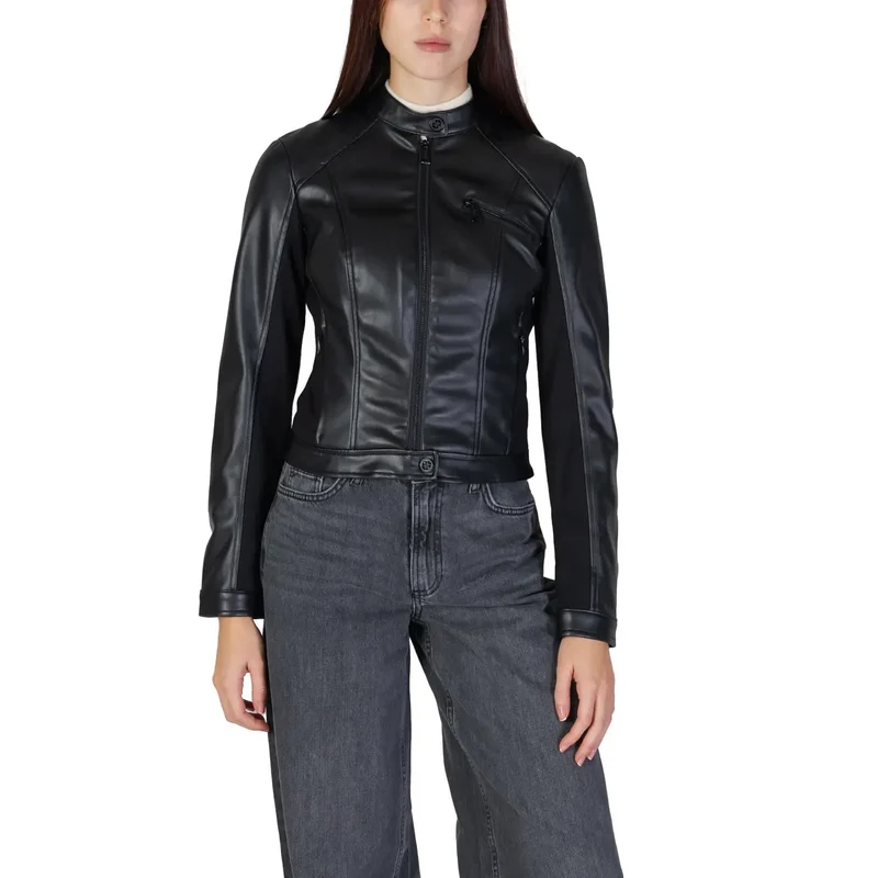 Guess Damen-Polyurethan-Blazer, schwarz, langer Rollkragen
