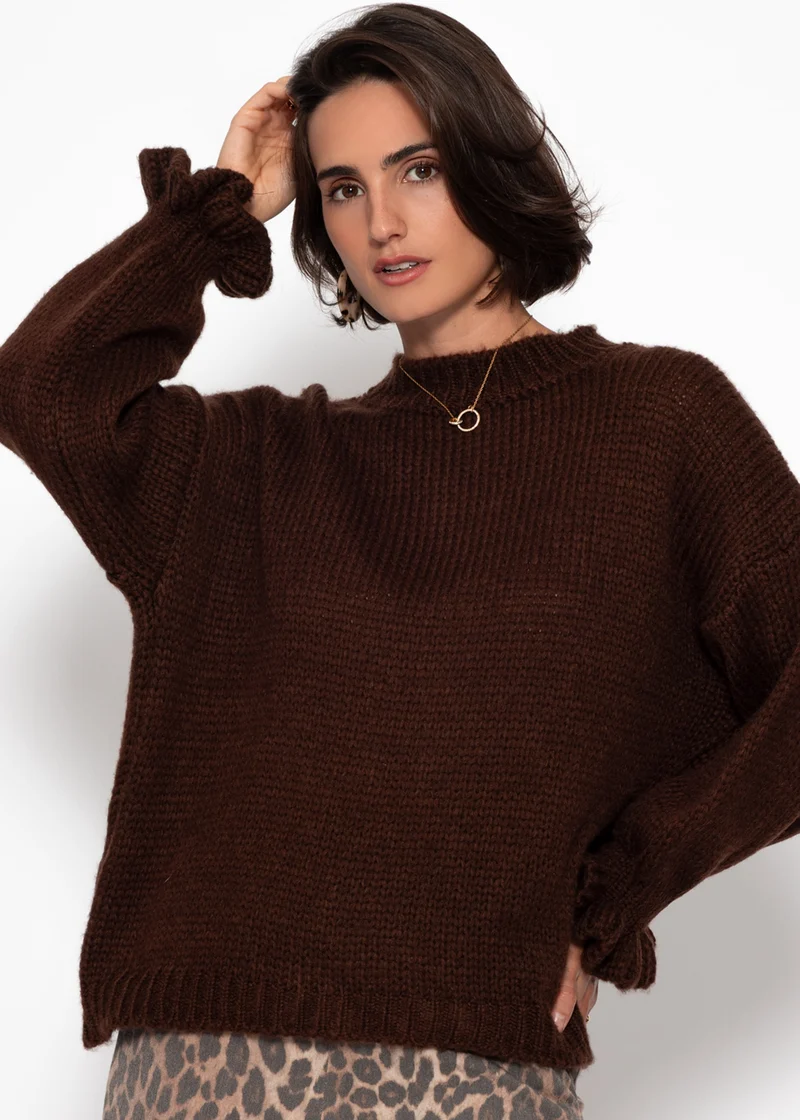 Strickpullover mit Rüschenärmeln - braun