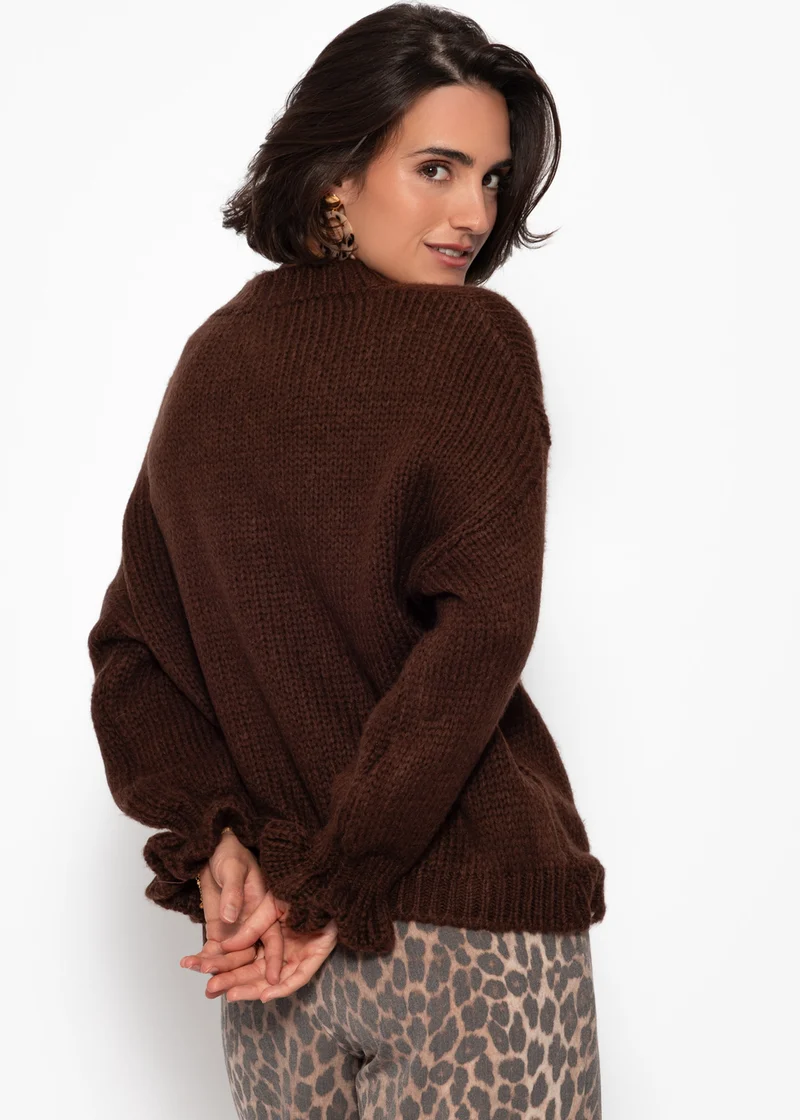Strickpullover mit Rüschenärmeln - braun