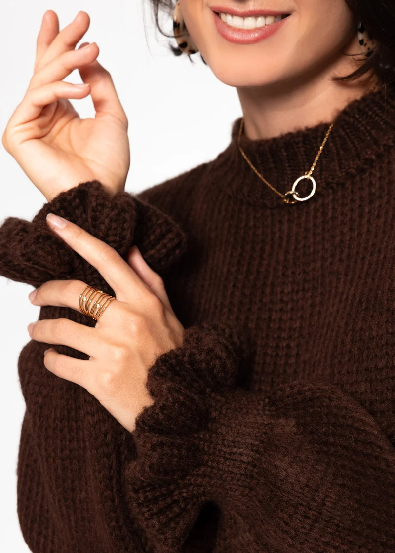 Strickpullover mit Rüschenärmeln - braun