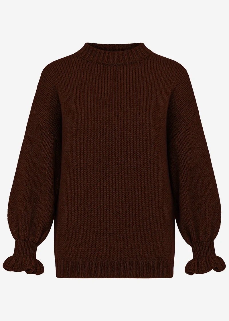 Strickpullover mit Rüschenärmeln - braun