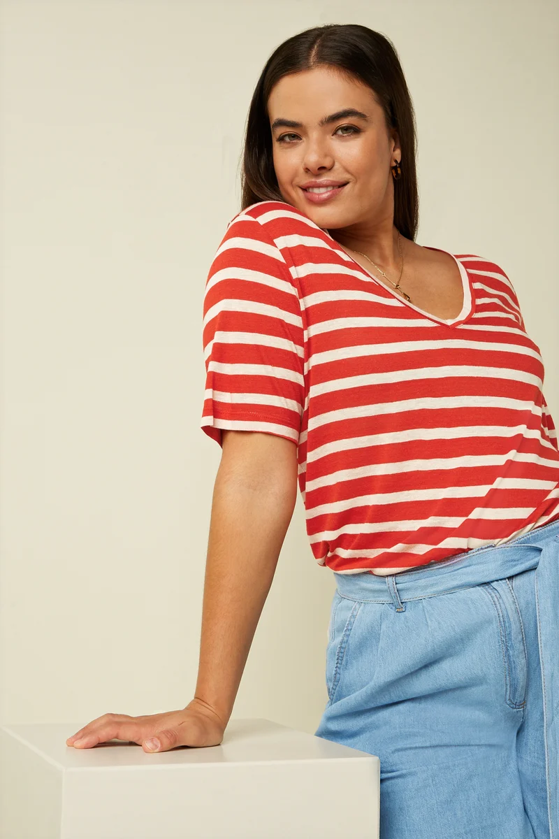 V Neck Top Marsy Linen Stripe