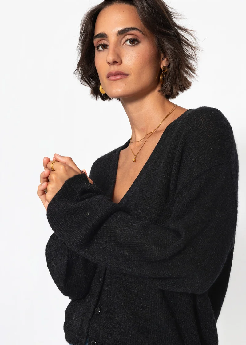 Feinstrick Cardigan mit V-Ausschnitt - schwarz