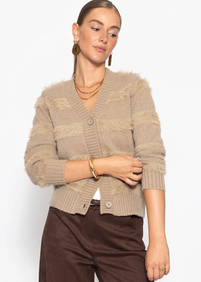 Strickjacke mit flauschigen Streifen - taupe