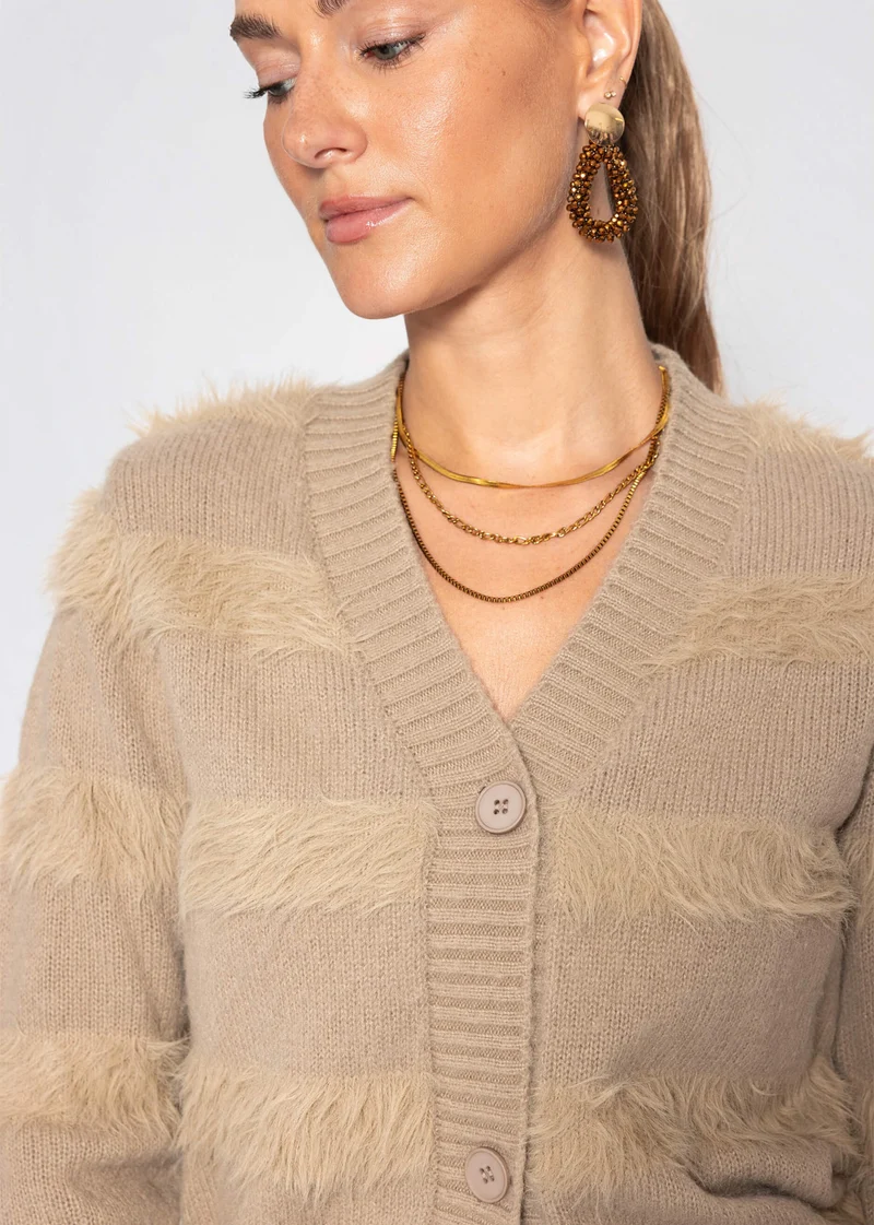 Strickjacke mit flauschigen Streifen - taupe