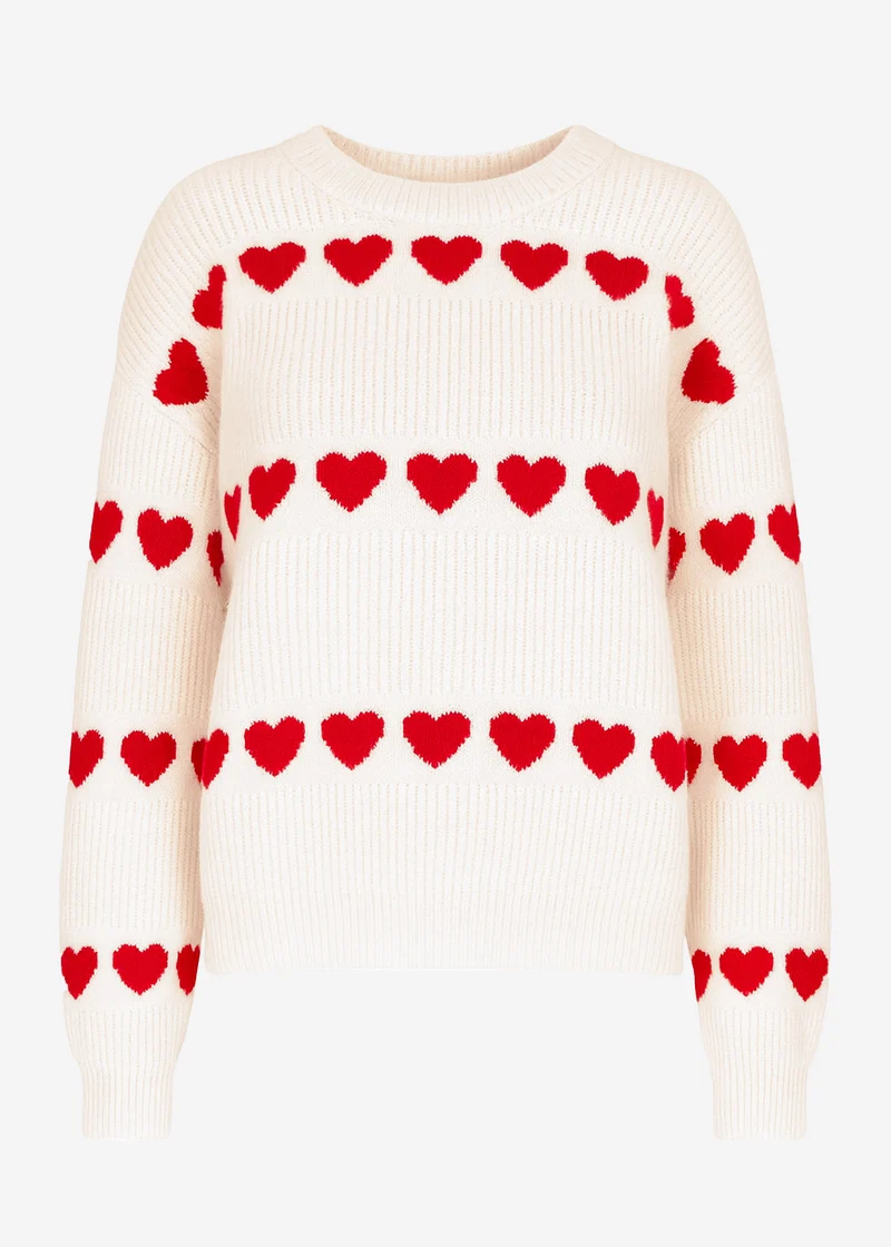Oversize Pullover mit roten Herzen - offwhite