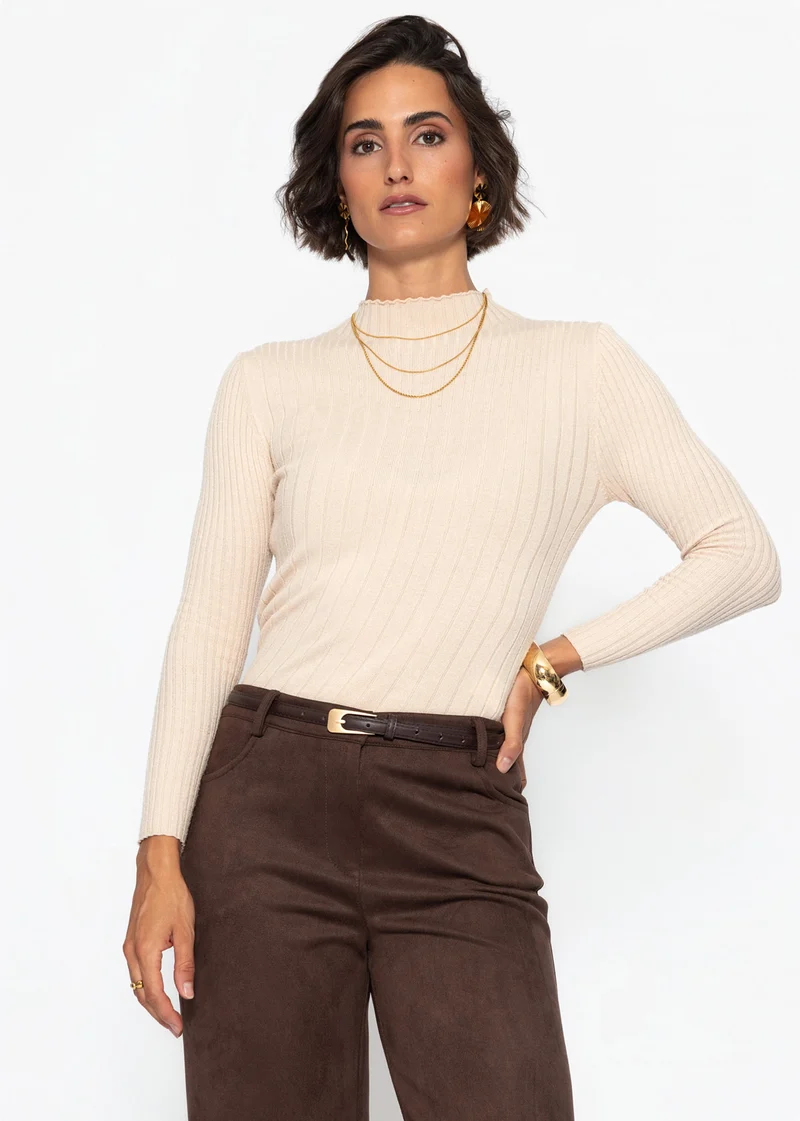 Rippstrickoberteil mit Stehkragen - beige
