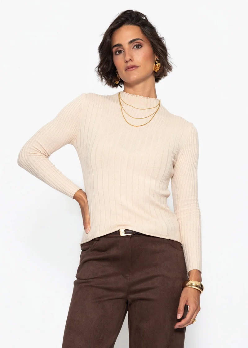 Rippstrickoberteil mit Stehkragen - beige