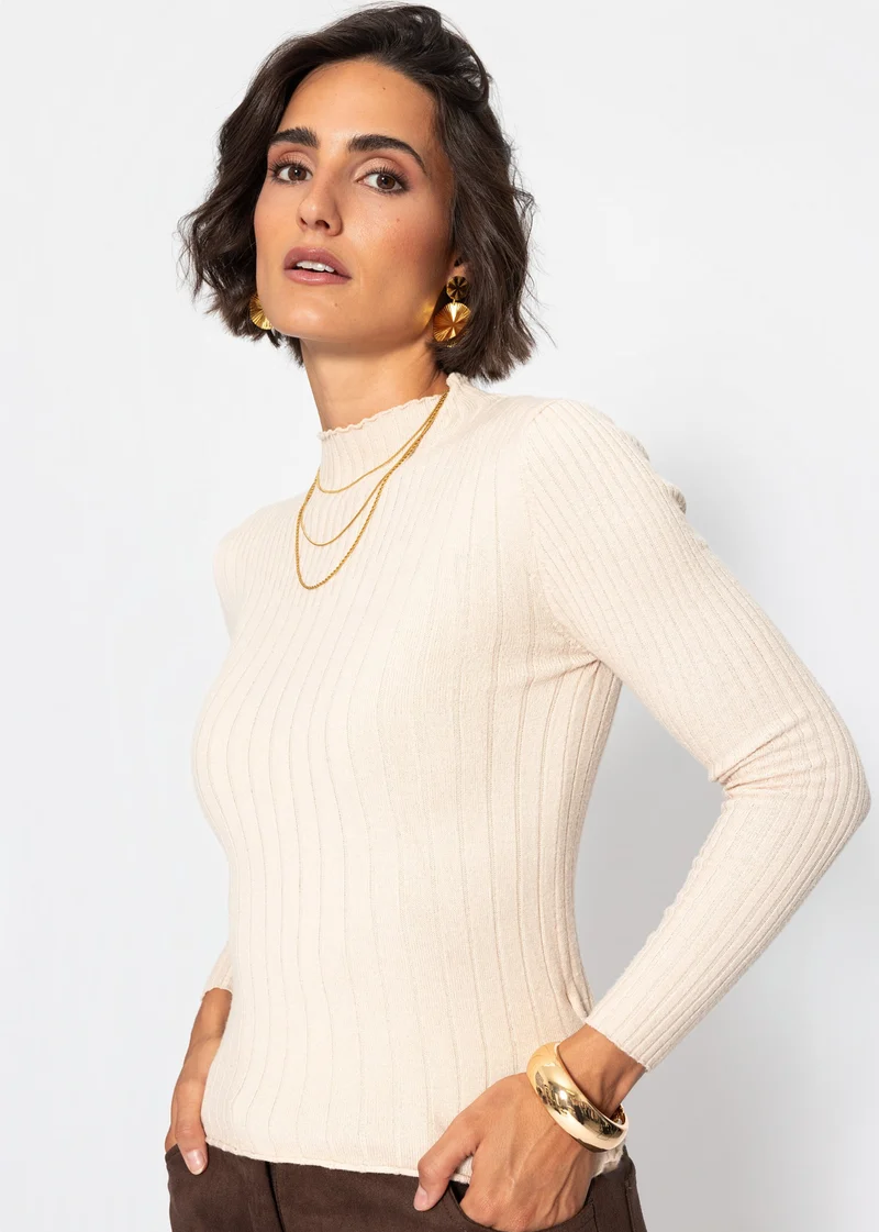 Rippstrickoberteil mit Stehkragen - beige