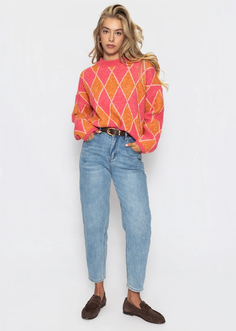 Oversize Strickpullover mit Rautenmuster - pink-orange