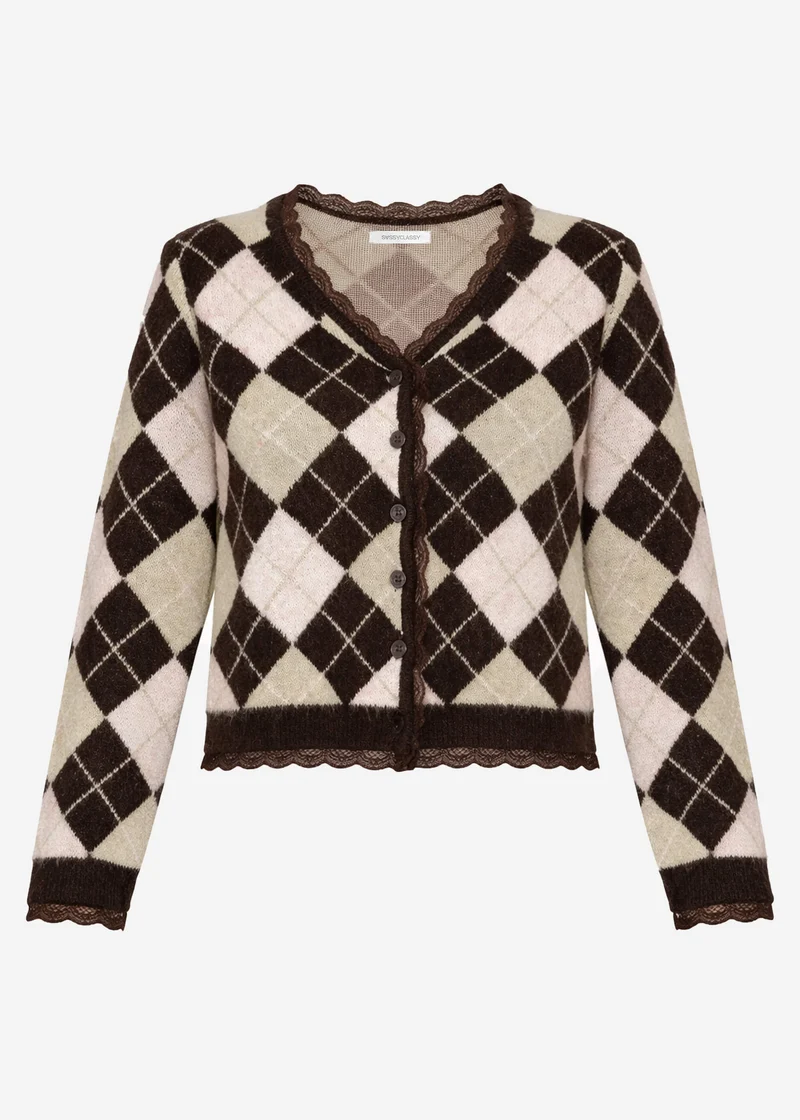 Strickjacke mit Rautenmuster und Spitzenborte - braun