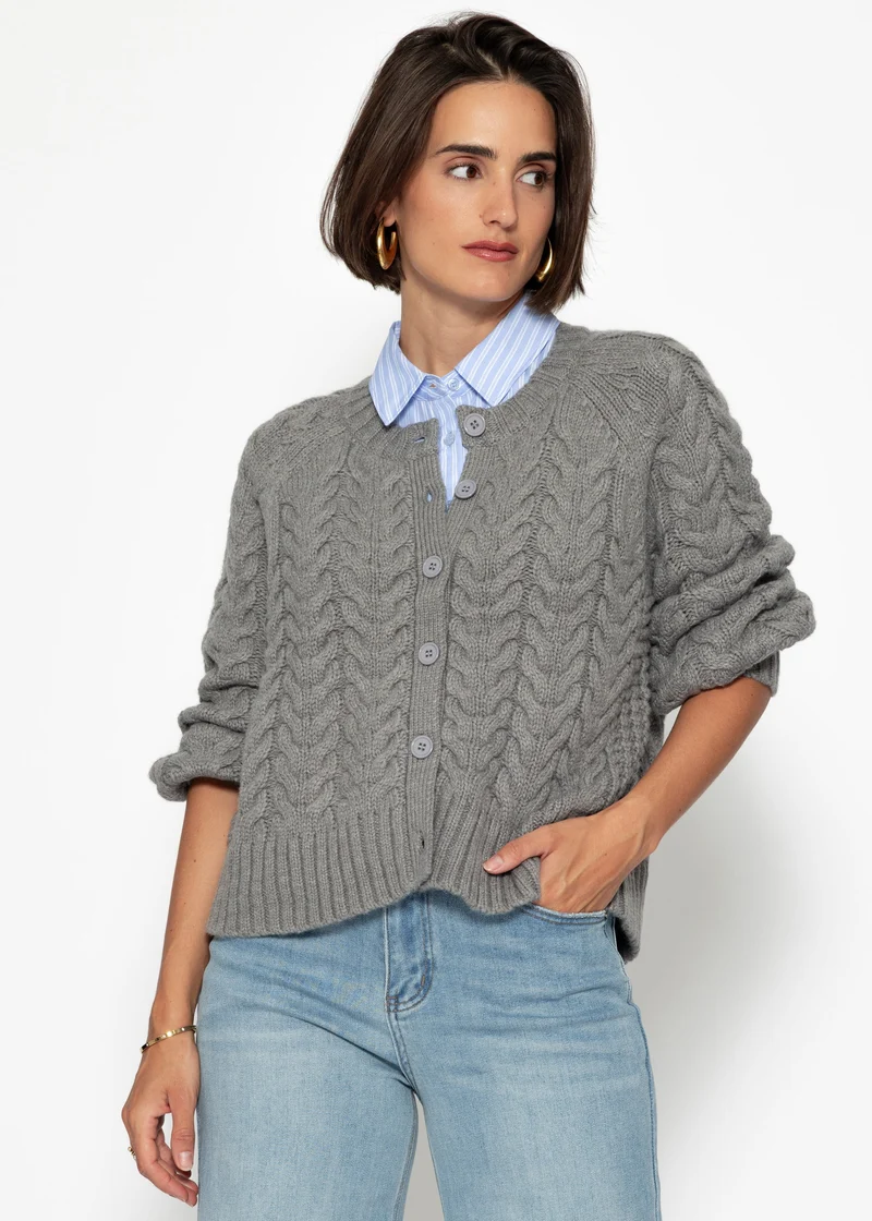 Zopfstrick-Cardigan mit Rundhalsausschnitt - grau