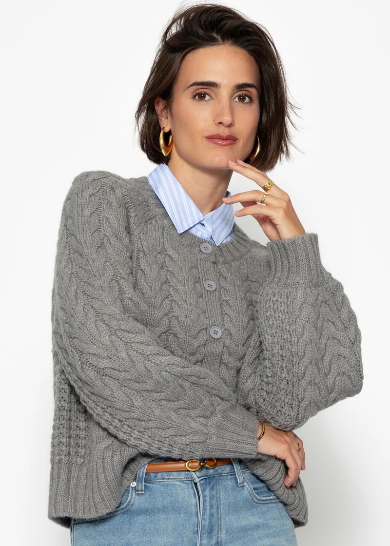 Zopfstrick-Cardigan mit Rundhalsausschnitt - grau